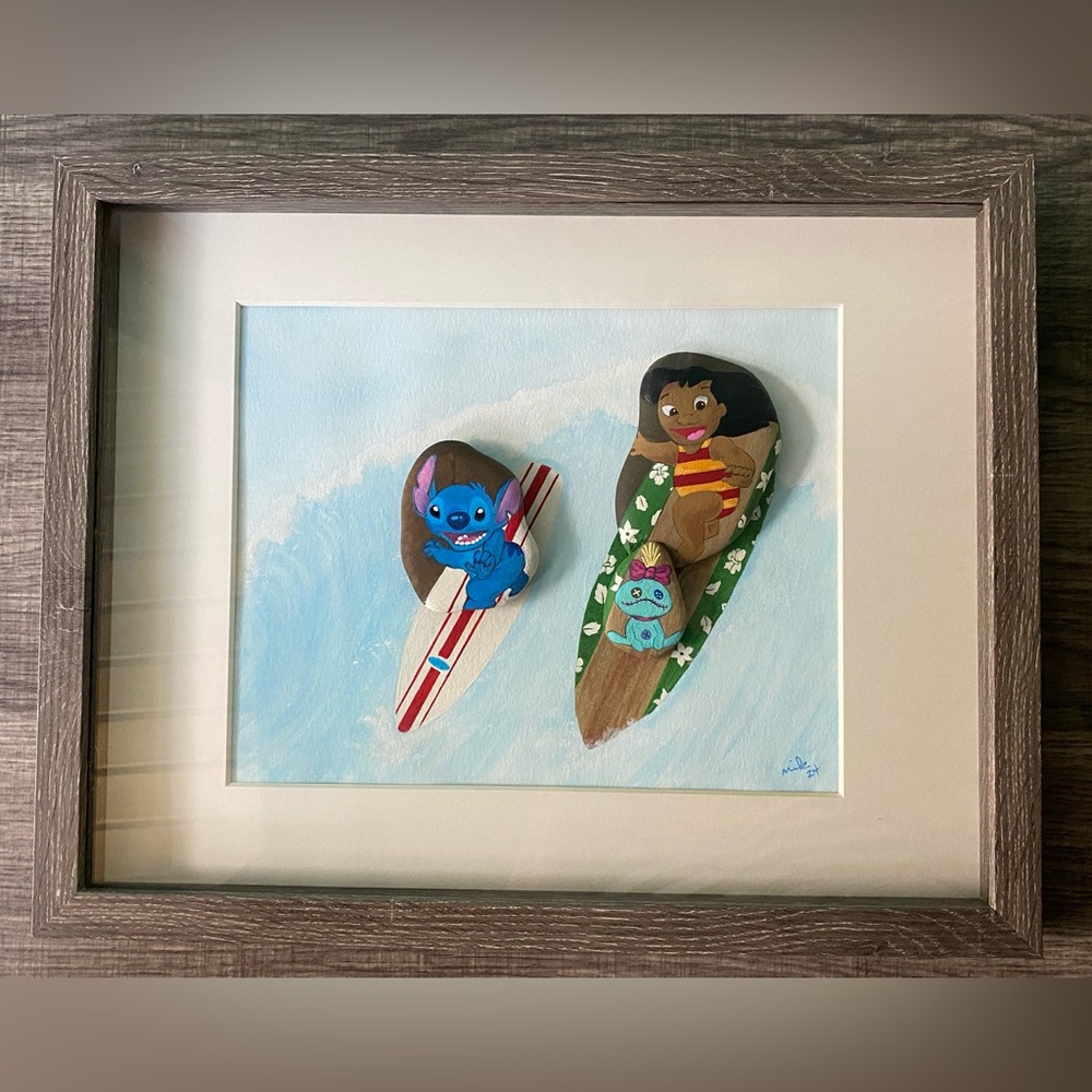 🧁 Disney Inspired Original Mixed Media Painting Lilo & Stitch Style Surf
